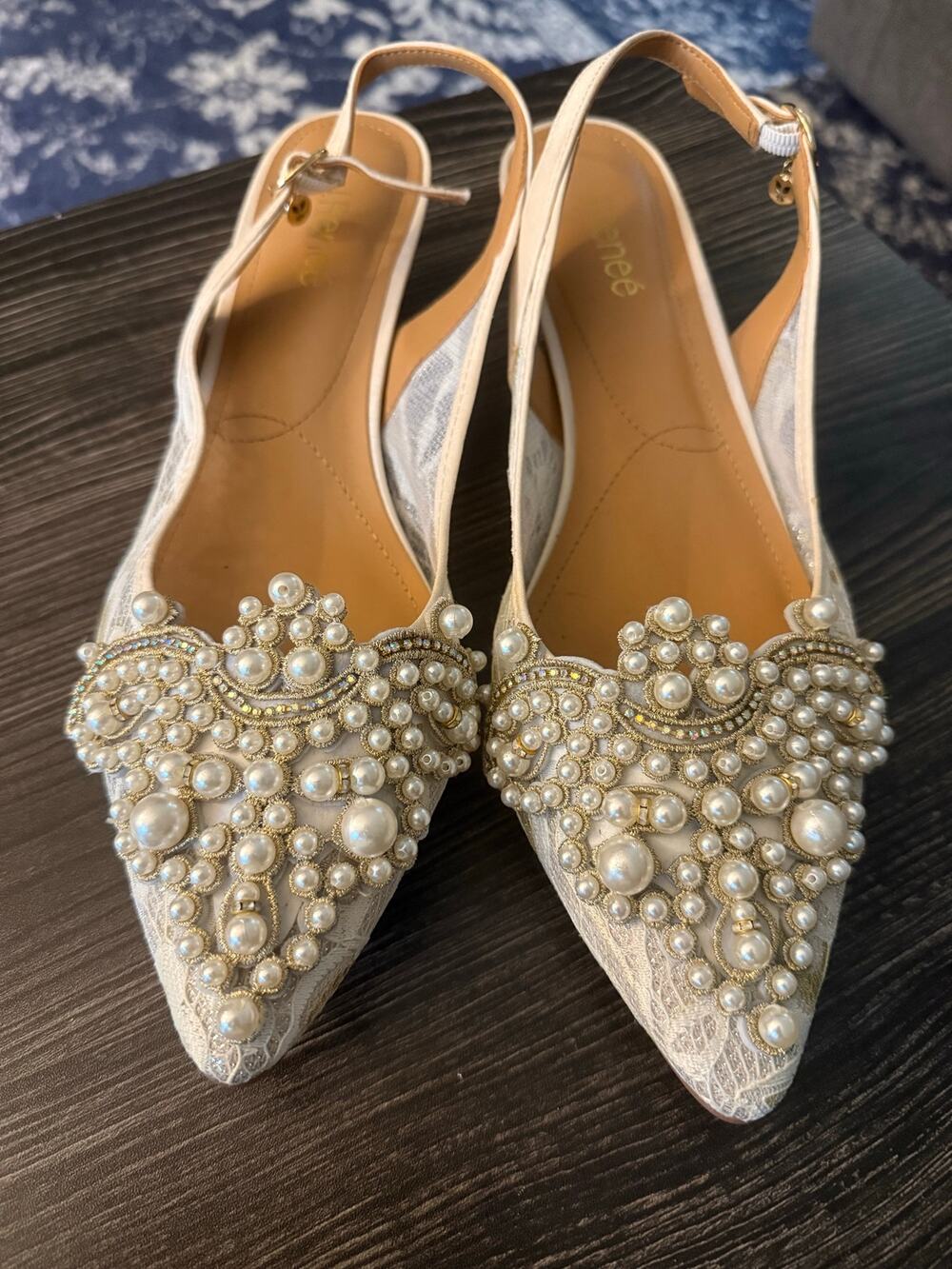 J. Renee Strovanni Lace Detail Pearl Ornament Slingback Pumps Sz. 13
